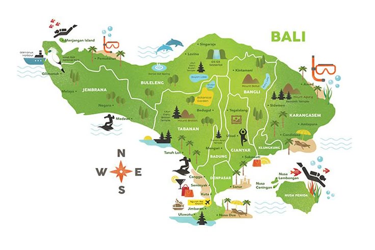 an illustrated map of bali with all the major tourist attractions and ...