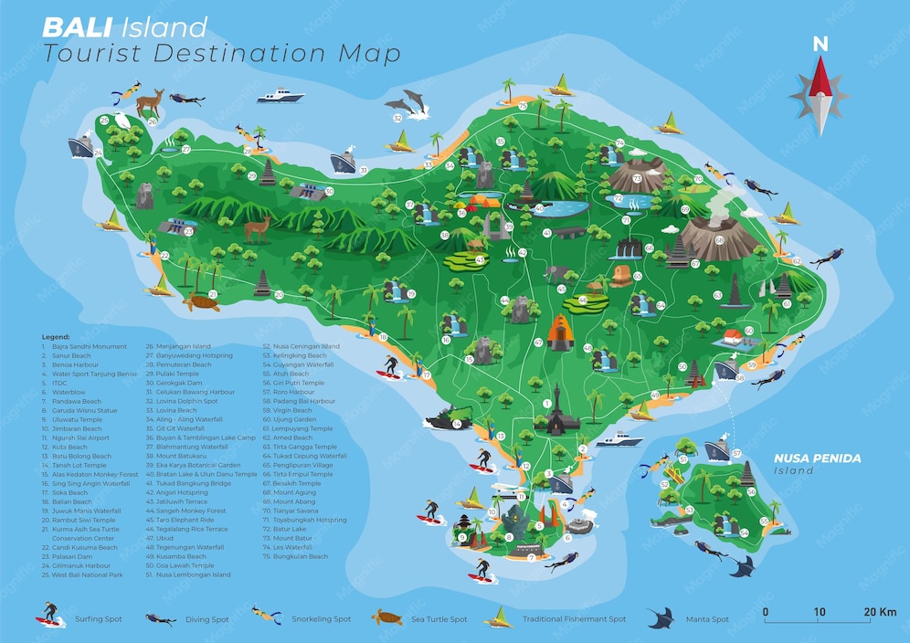 Premium Vector | Bali tourist destination map with details